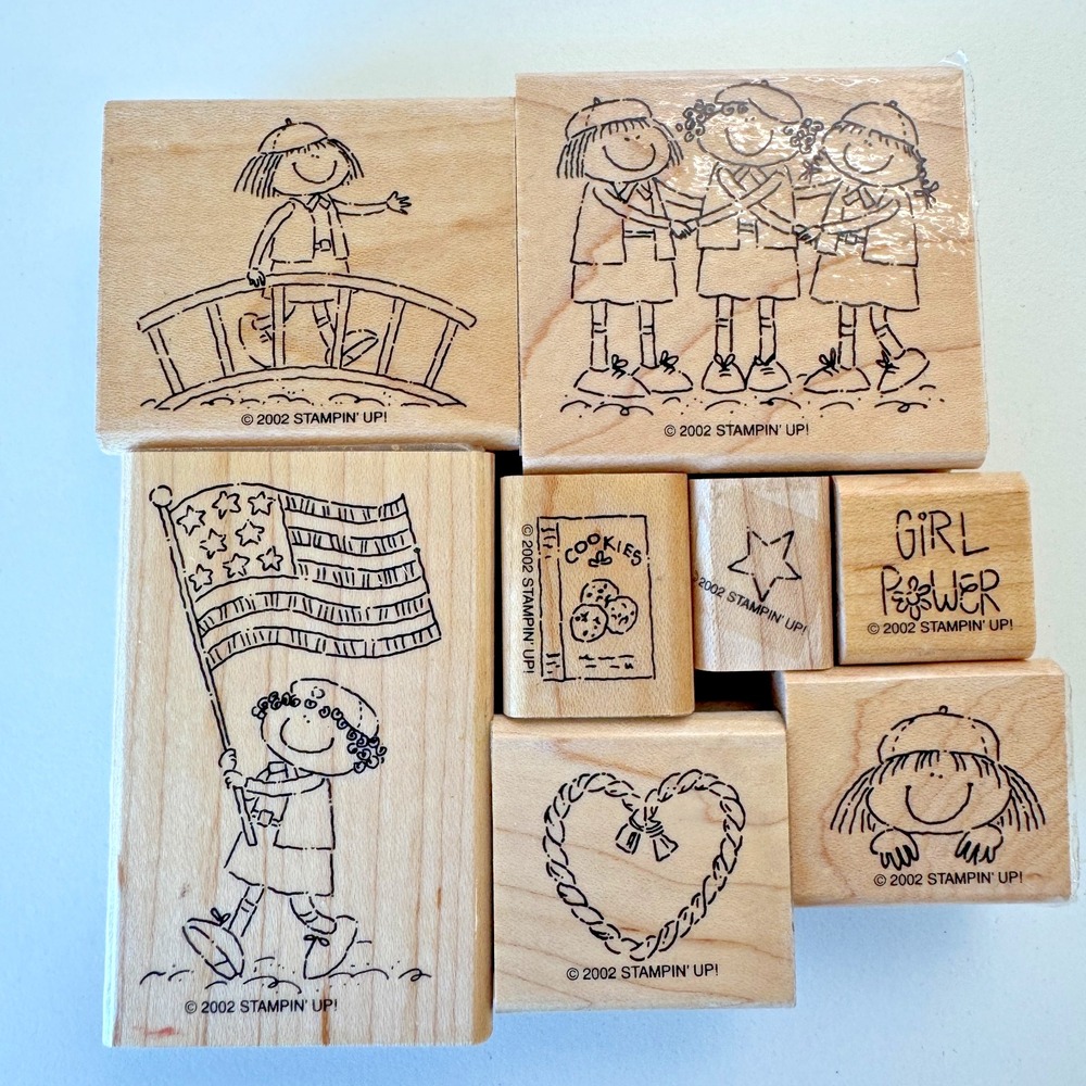 STAMPIN' UP Girl Power Scouts 8 Wood Rubber Stamps Cookies Bridging Never Used